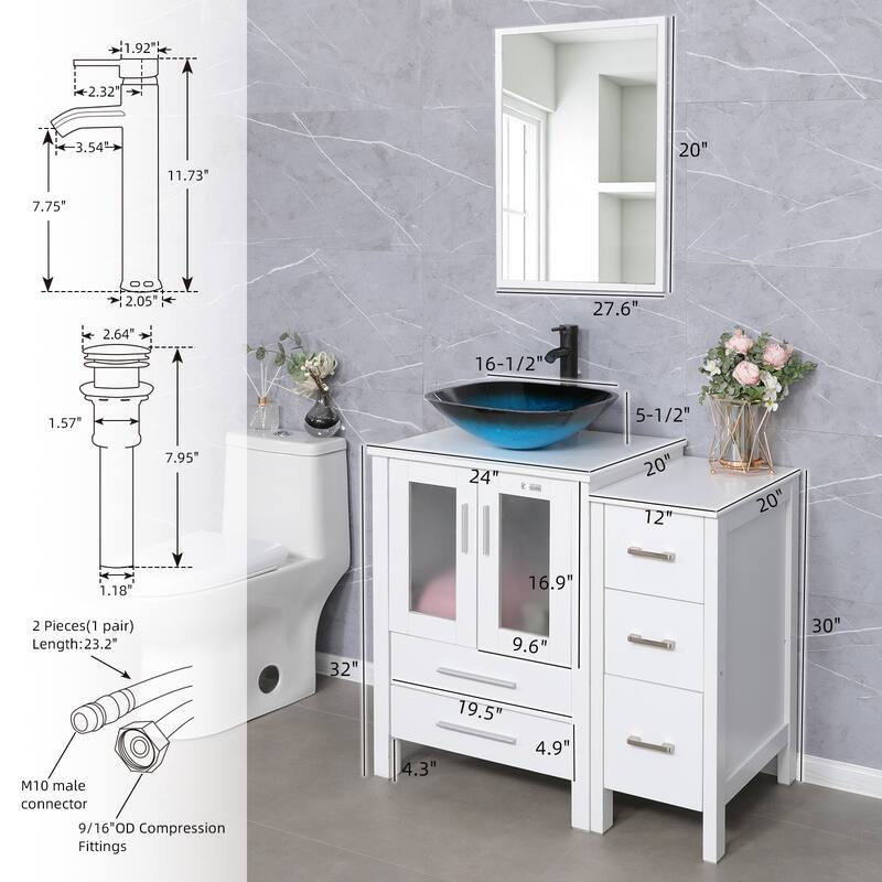 72" Bathroom Vanity Set Glass Ceramic Vessel Sink Side Cabinet Combo