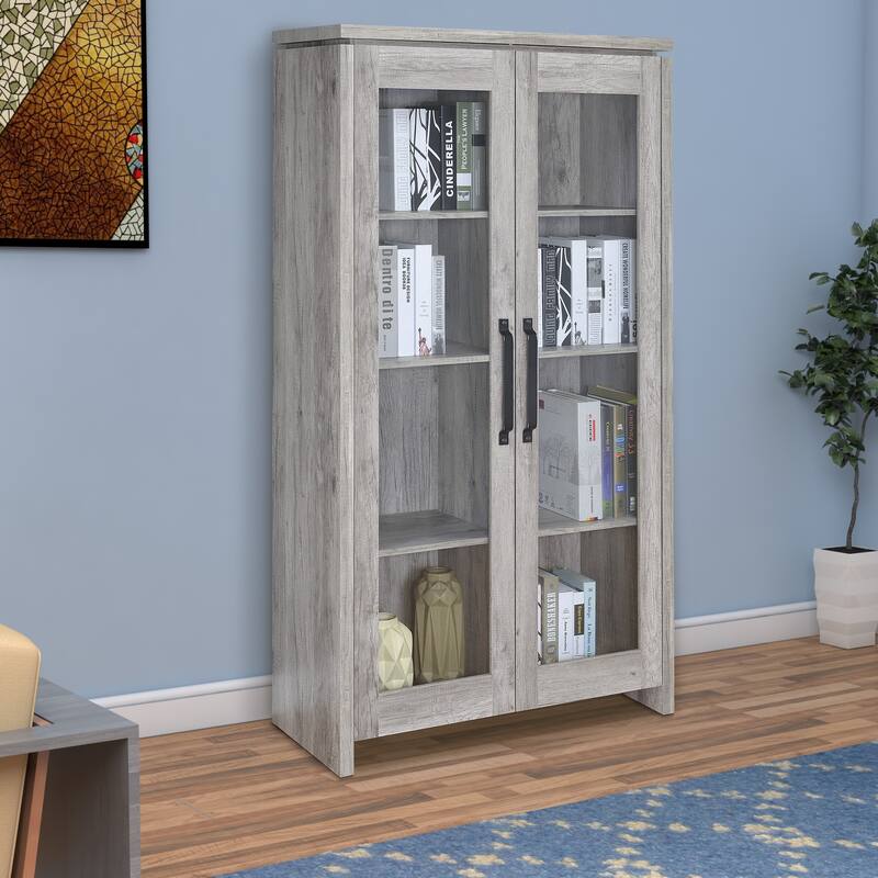 2 Door Curio Cabinet with Glass Panels, Adjustable Shelves, Gray