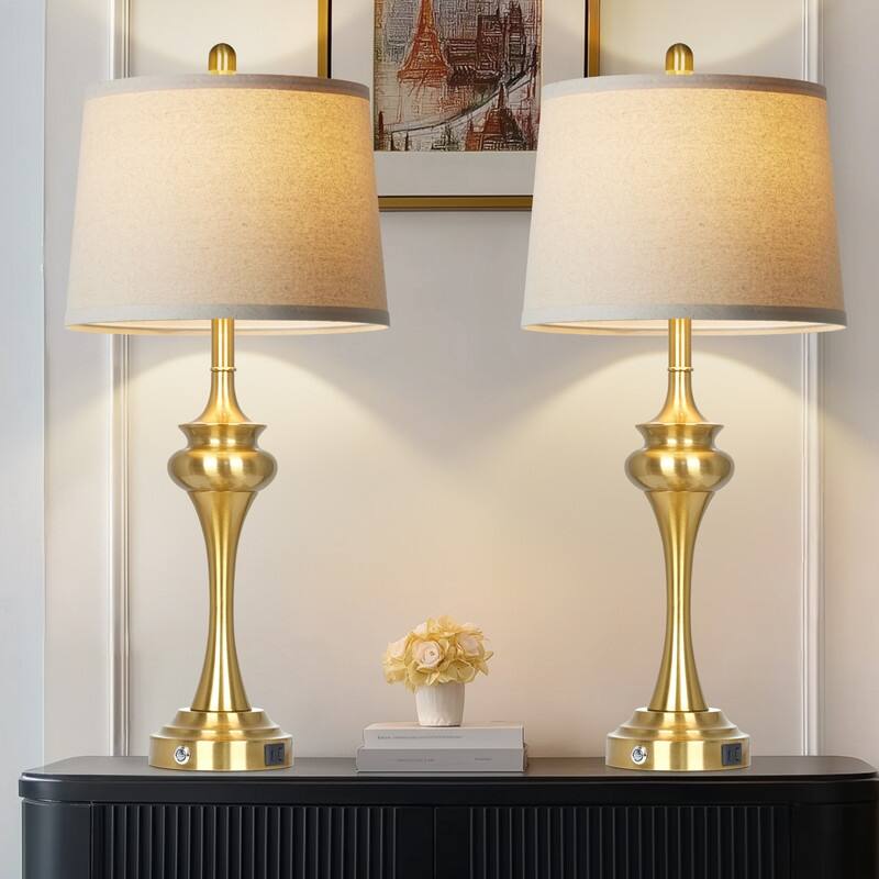 30'' Modern Table Lamps with USB & Type-C Ports, Oatmeal Fabric Shade & Metal Base (Set of 2) - 13''x13''x30 - Gold