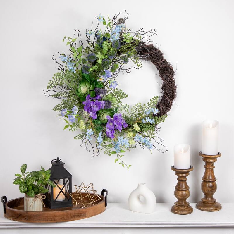 Mixed Wild Flowers and Twig Artificial Spring Wreath, 24-Inch