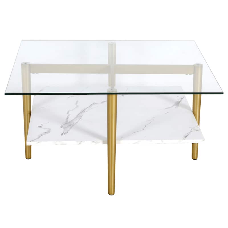 32" Square Modern Coffee Table with Glass Top and Metal Legs Lower Shelf Storage for Living Room - 32"L x 32"W x 17"H
