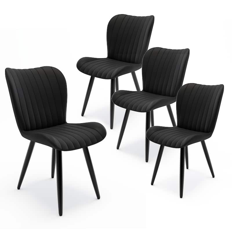 Set of 4 Modern PU Leather Dining Chairs with Thick Cushions & Metal Legs, Faux Leather Side Chairs for Kitchen - Black