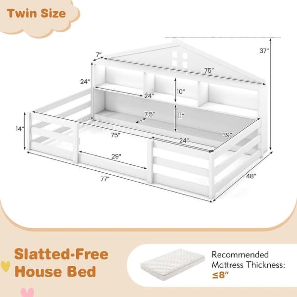 dimension image slide 1 of 4, Twin/Full Size Versatile 2-in-1 Montessori Floor Bed w/LED Light