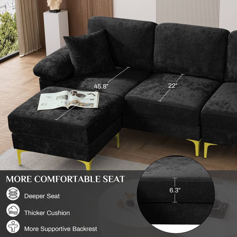 Ouyessir 2-Pieces Upholstered Velvet Sectional Sofa with 2 Pillows & Ottoman