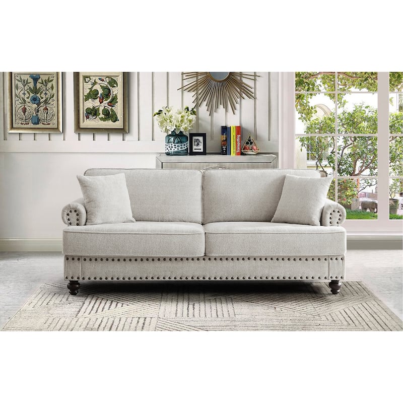 Modern Chenille Upholstered 2-Seater Sofa with Nailhead Trim and Armrests, Easy Assembly, Ideal for Living Room, White. - White