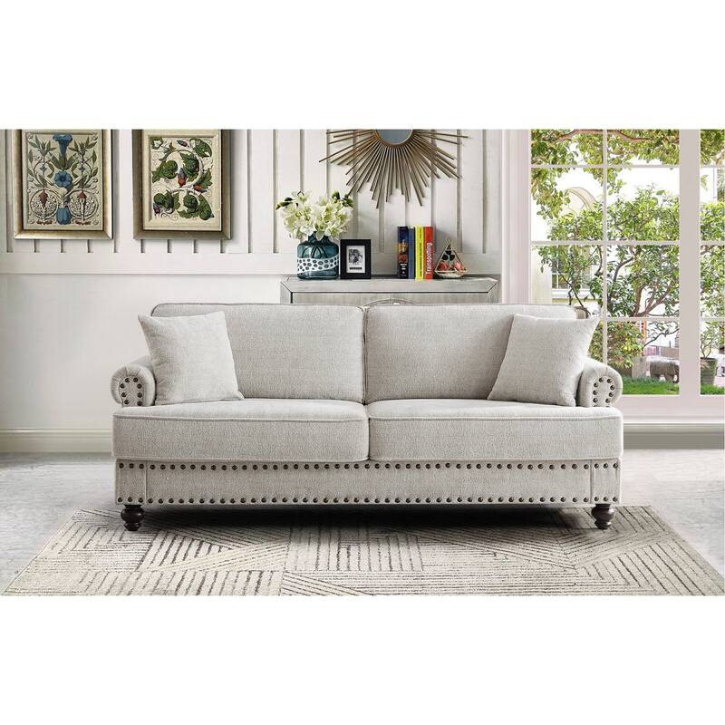 White 82'' Modern 2-Seater Upholstered Sofa with Nailhead Trim, Accent Pillows, and Sponge Cushions - White+ 82''