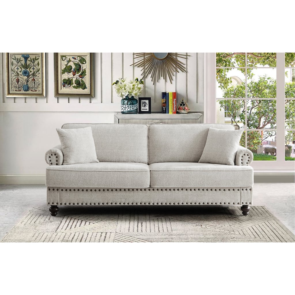 White 82'' Modern 2-Seater Upholstered Sofa with Nailhead Trim, Accent Pillows, and Sponge Cushions