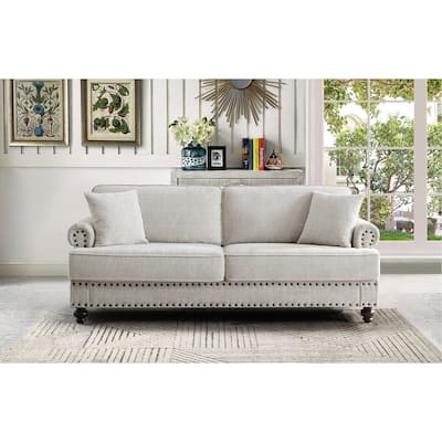 White 82'' Modern 2-Seater Upholstered Sofa with Nailhead Trim, Pillows, and Sponge Cushions