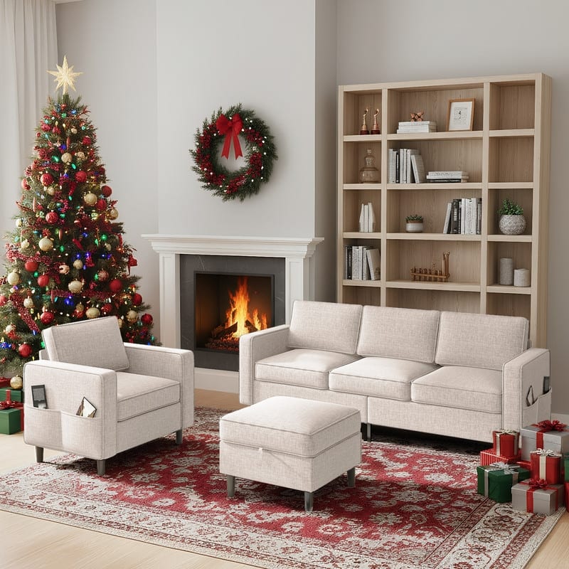 Mixoy Convertible Living Room Furniture Set-Single Sofa/Loveseat/3-Seat Sofa with Ottoman for DIY Combination - Beige-3+1 - Reversible