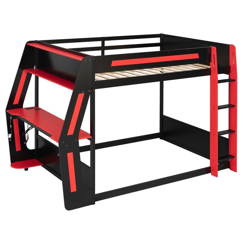 Roomfitters Full Size Gaming Bunk Bed with Oversized RGB Desk and USB Ports, Esports Loft