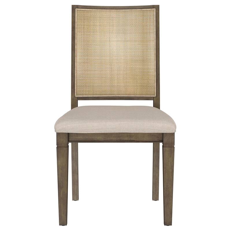 Andy Dining Side Chair Set of 2, Woven Rattan, Gray Fabric, Brown Wood