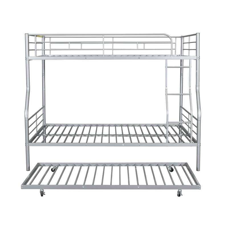 Metal Bunk Bed with Trundle and Guardrail, Convertible to Two Beds