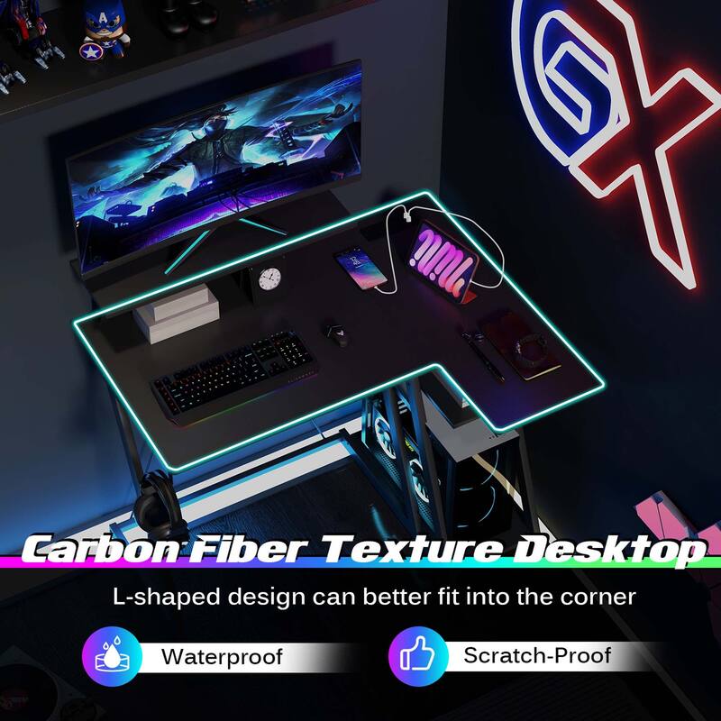 Costway L Shaped Gaming Desk with Outlets & USB Ports Monitor Shelf