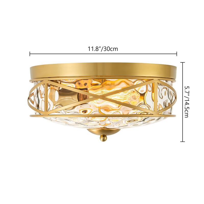 2-Light Mid-Century Modern Vintage Round Dome Water Rippled Clear Glass Cage Flush Mount Ceiling Light