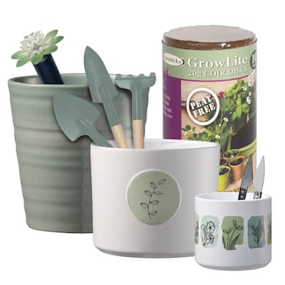 Jade Botanic Ceramic Indoor Plant Pot Kit with Soil Tools and Moisture Sensor - 6.3" 5.1" 3.1" Dia