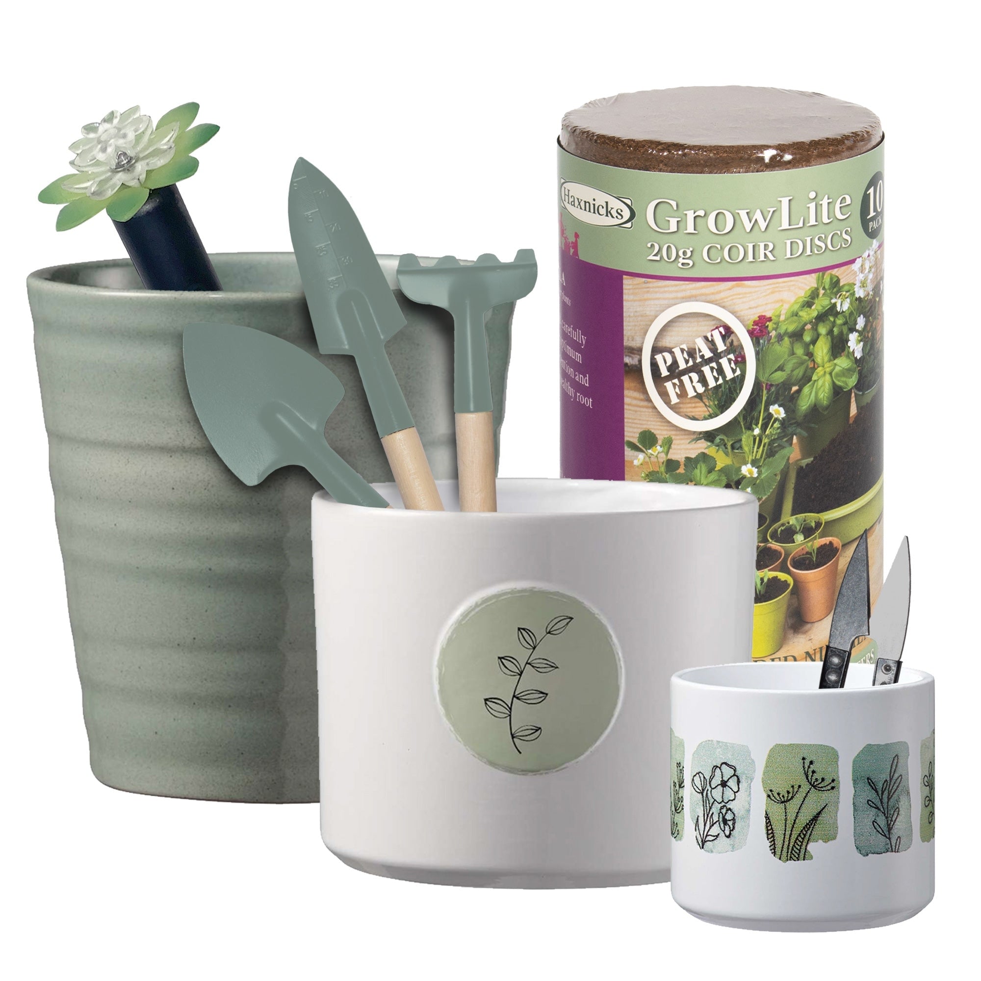 Jade Botanic Ceramic Indoor Plant Pot Kit with Soil Tools and Moisture Sensor - 6.3" 5.1" 3.1" Dia