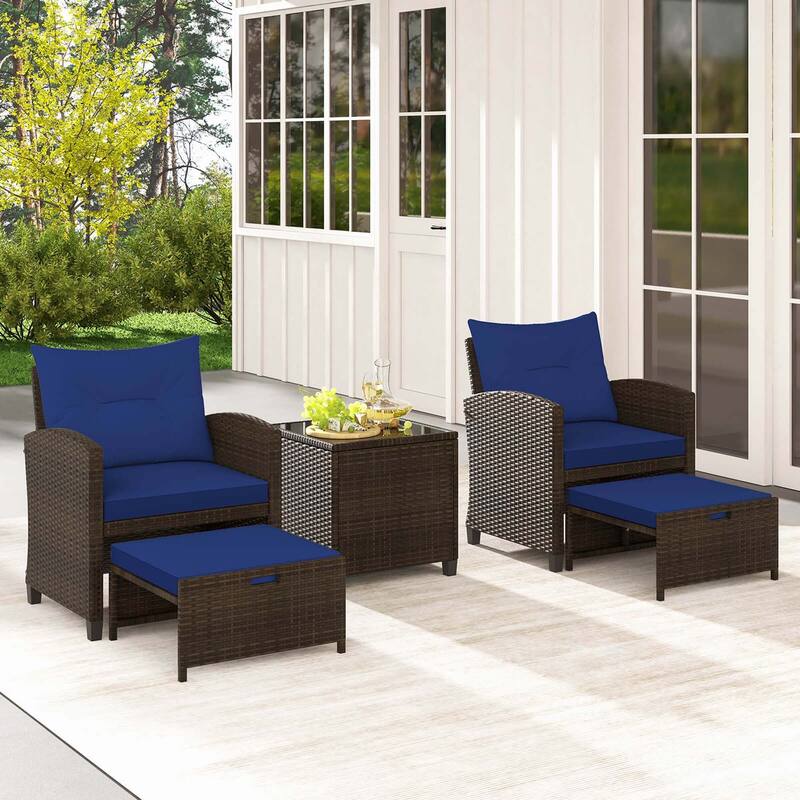 5PCS Patio Furniture Set w/ Ottoman Wicker Conversation Set w/Cushions