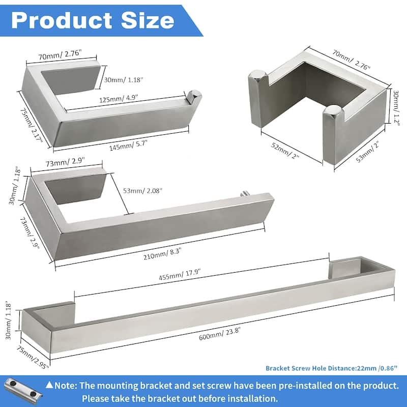Wall Mounted 4-Piece Bathroom Hardware Set in Stainless Steel