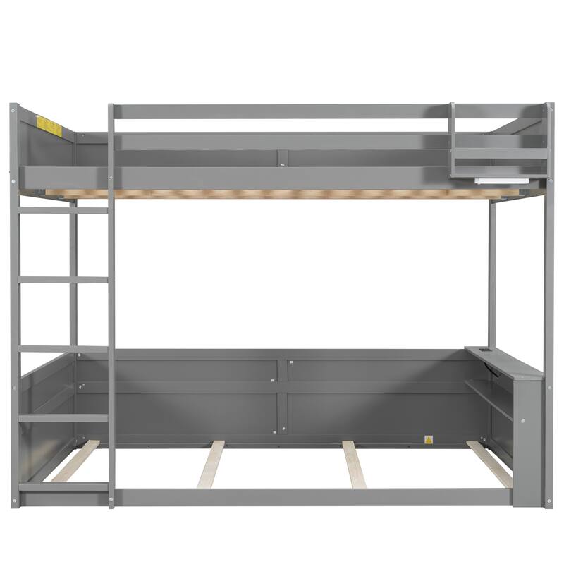 Queen Size Wooden Bunk Bed with Shelves, Storage Box, LED Light, and USB Charging Station, Grey