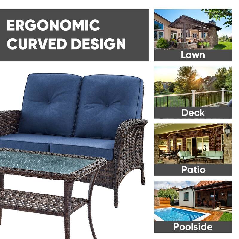 Outdoor Rocker Chair with Loveseat Ottomans - Blue - Brown