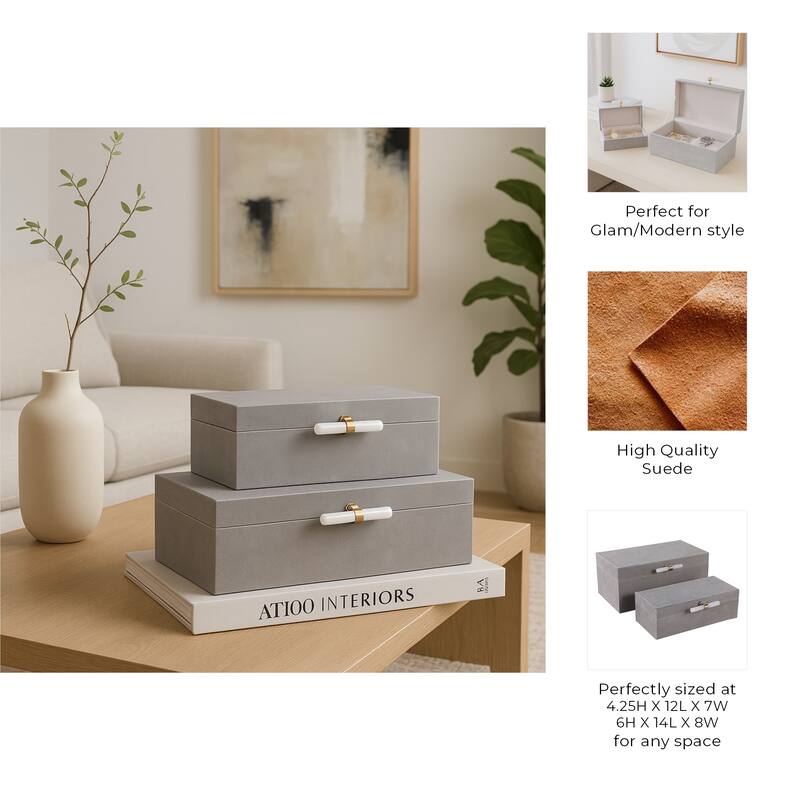 Wood Decorative Boxes with Lid Stone Handle (Set of 2) - 5/6" Gray - 14" x 9.25" x 6.5"