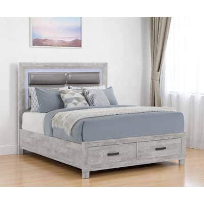 HomeRoots Gray and Silver Faux Crystal Bling Wood And Faux Leather Queen Bed Frame With Two Drawers