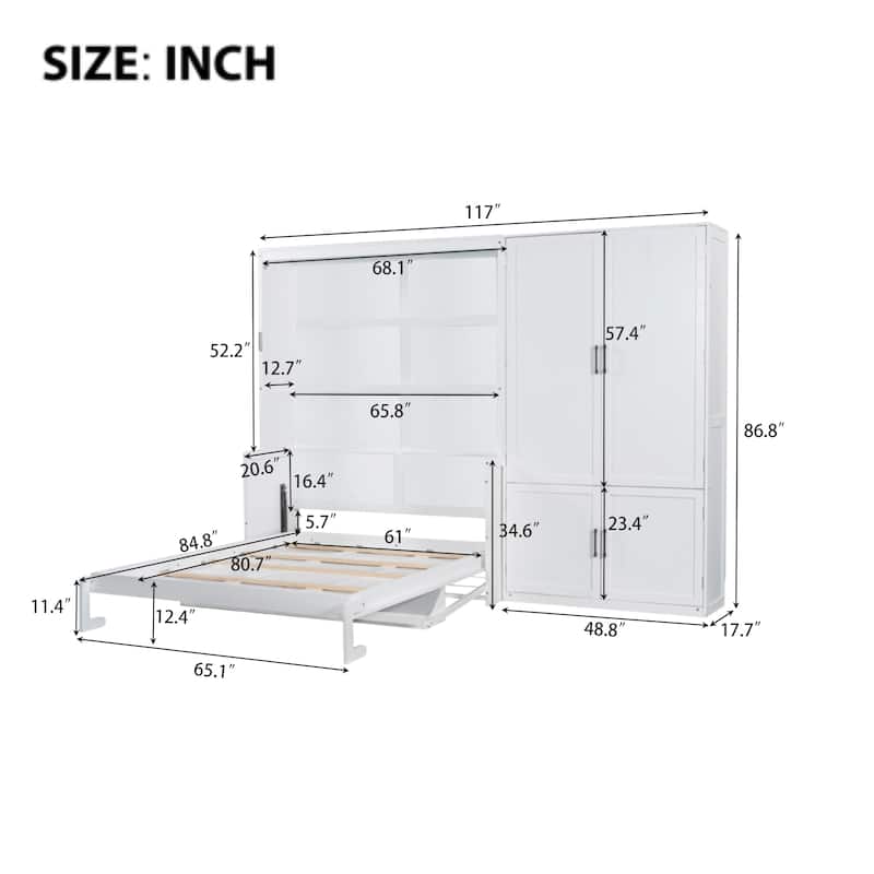 Queen Size Murphy Bed Wall Bed with Closet, Hydraulic Lift, Storage Shelf and Wardrobe, Space Saving Cabinet Bed