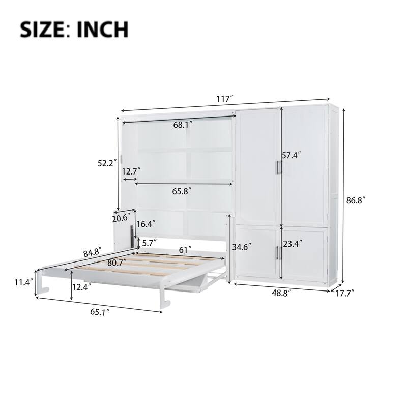 Queen Size Murphy Bed with Built-in Closet, Space Saving Wall Bed Cabinet with Hanging Storage & Shelves