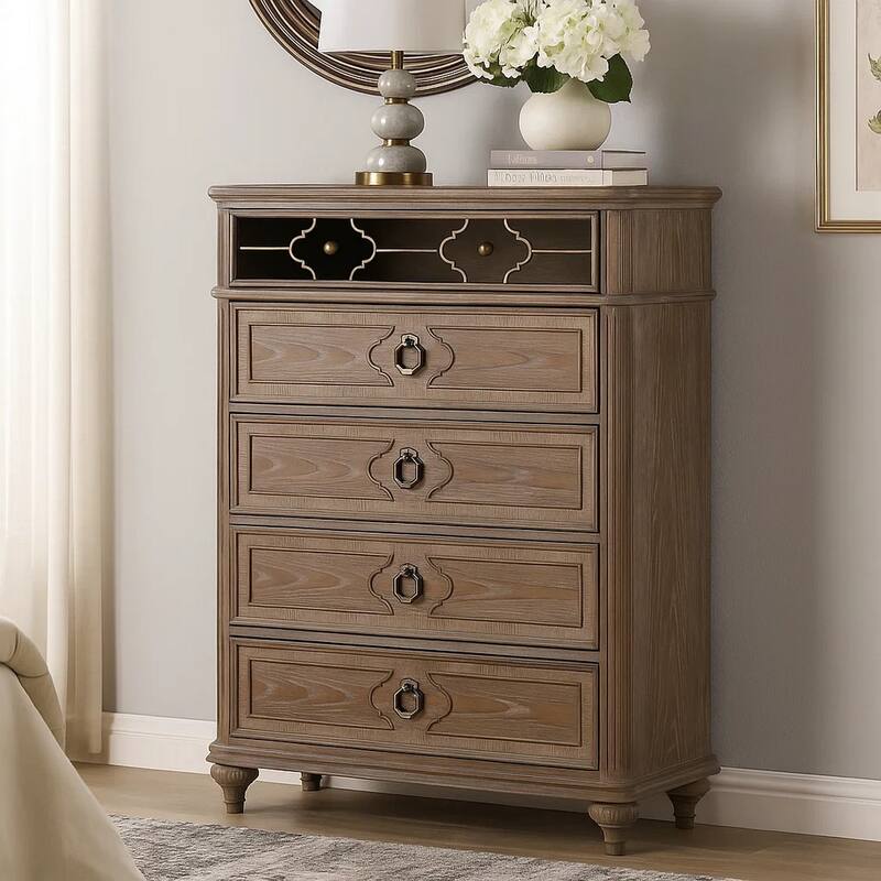 Lyla Tall Dresser Chest, 5 Drawers, Rustic Oak Brown Solid Wood Frame