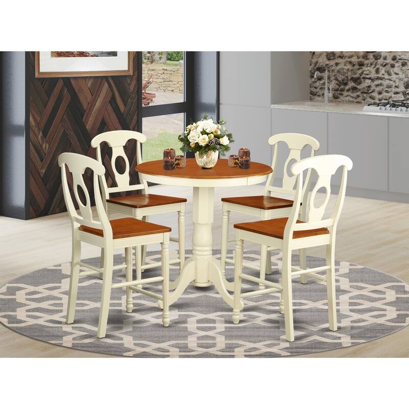 HomeStock 5-Piece Round Buttermilk and Cherry Finish Solid Wood Top Dining table with 4 Chairs with Lattice Back