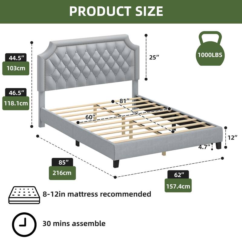 Moasis Upholstered Tufted Bed Frame with Adjustable Height Headboard