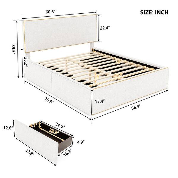 Full Size Upholstered Platform Bed with 4 Drawers and Golden Edge