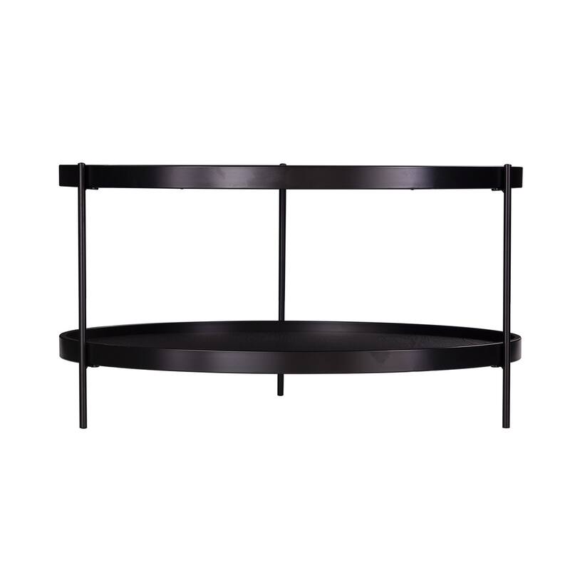 Modern Round Wood Coffee Table with Metal Base and 2-Tier Storage Shelf Perfect for Living Room - 33.75”L x 33.75”W x 18”H
