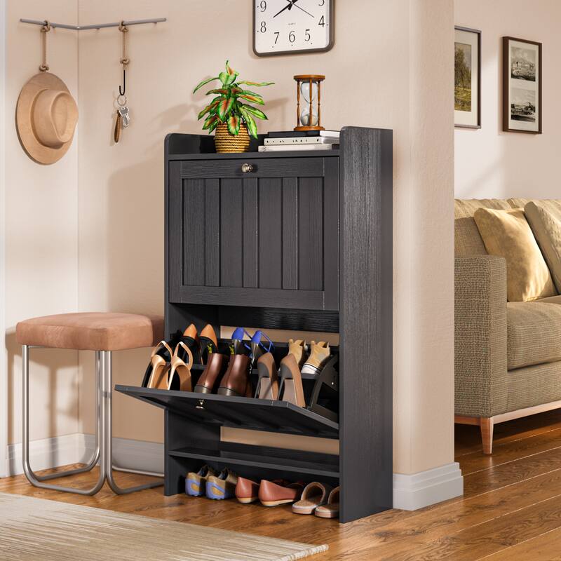 Shoe Cabinet with Flip Drawers, Slim Shoe Storage Cabinet for Entryway, Freestanding Narrow Rack with Open Storage - Black - 2 Flip Drawer