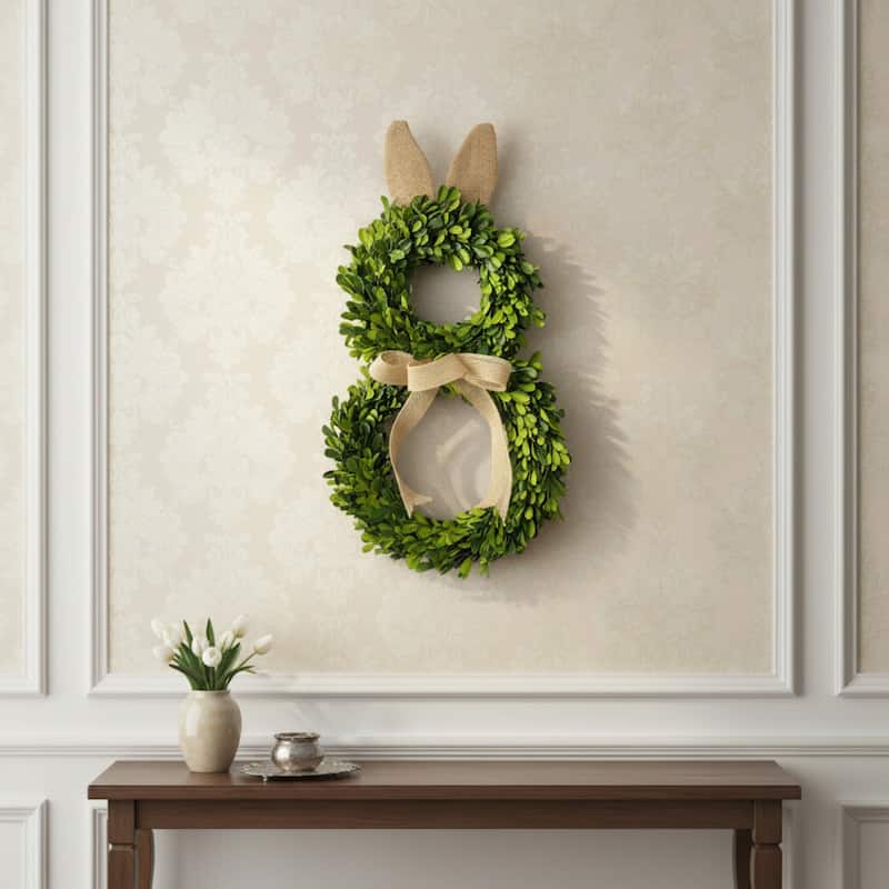 18" Bunny Shaped Preserved Boxwood Easter Spring Wreath - Green