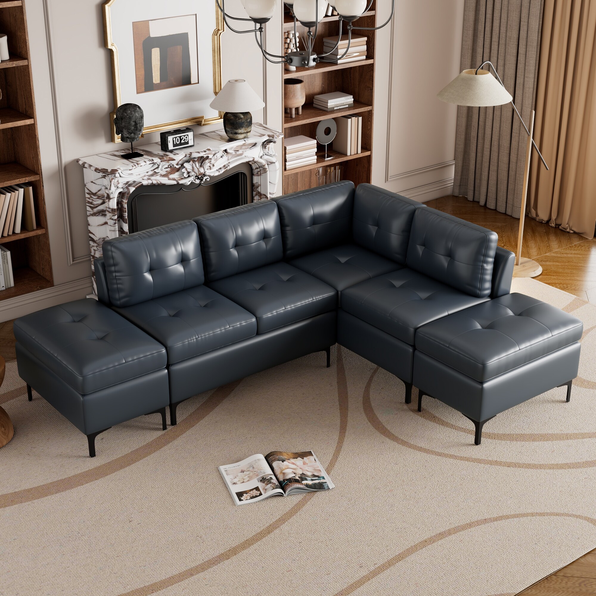 Luxurious Pu Leather Corner Sofa w Movable Storage Ottomans L Shaped Modular Sectional Sofa w Removable Backrest for Lving Room Bed Bath Beyond 39970584
