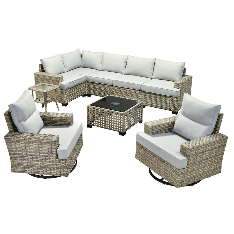 OVIOS 9 Pieces T shaped Seat Wide Armrest Swivel Chair Set With Solar-Powered Table
