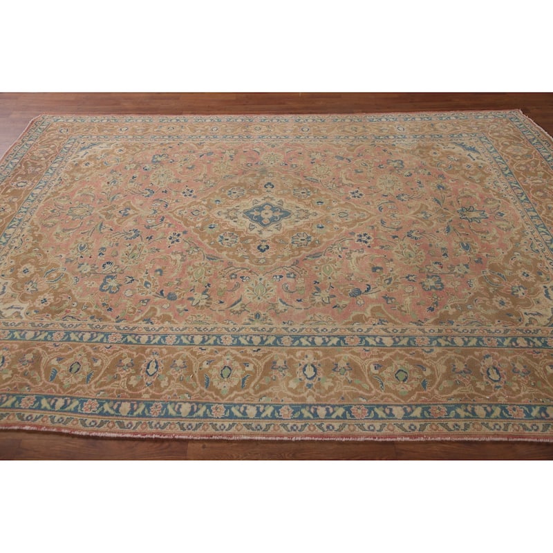 Traditional Mashad Persian Vintage Area Rug Hand-knotted Wool Carpet - 6'4" x 9'1"