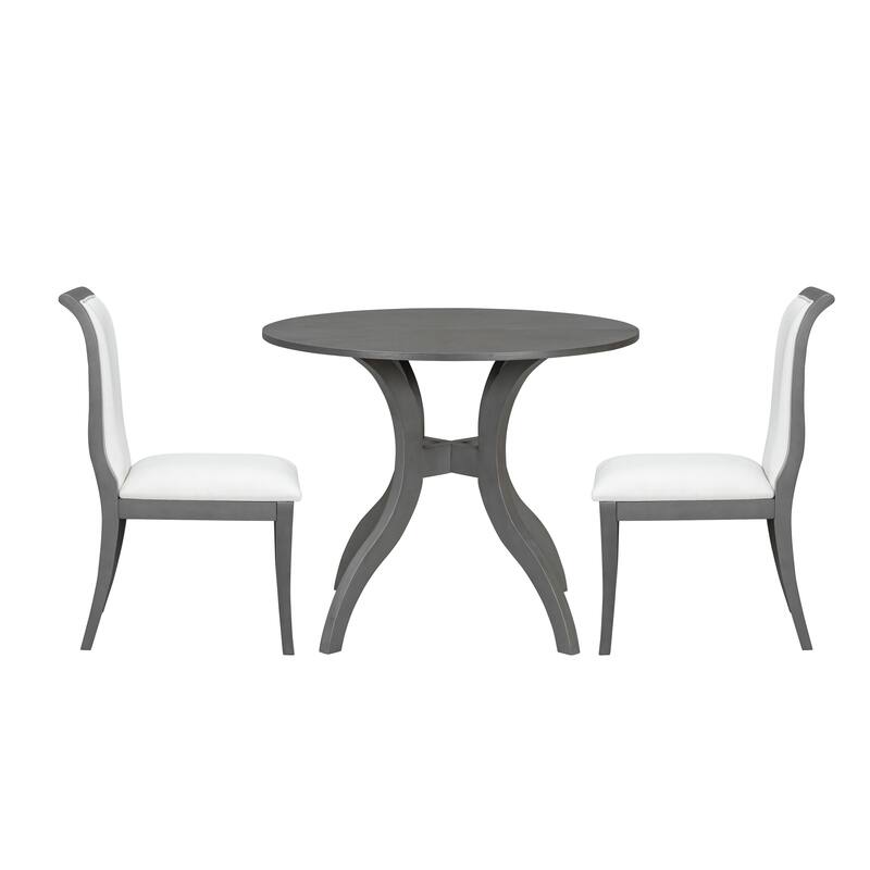 Dining Table Set with Round Table & 2 Chairs, Wood Kitchen Set with Inlaid Tabletop & Elegant Curved Legs