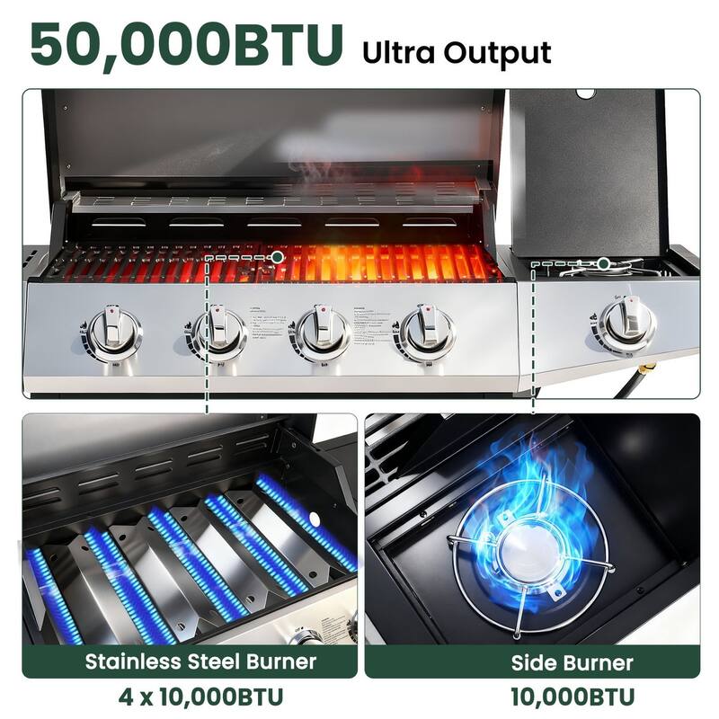 4-Burner Propane Gas Grill with Side Burner and Cabinet Storage, 474 Sq. In. Stainless Steel Outdoor BBQ Grill - N/A