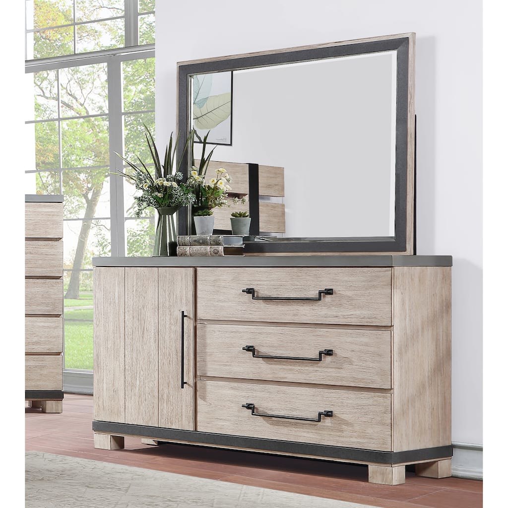 Roundhill Furniture Arbela Wood 3-Drawer Combo Dresser with Mirror, Weathered Oak Finish