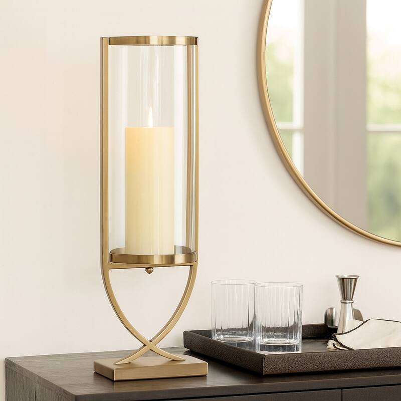 Modern Glass Pillar Candle Holder Decorative Lantern with Steel Frame