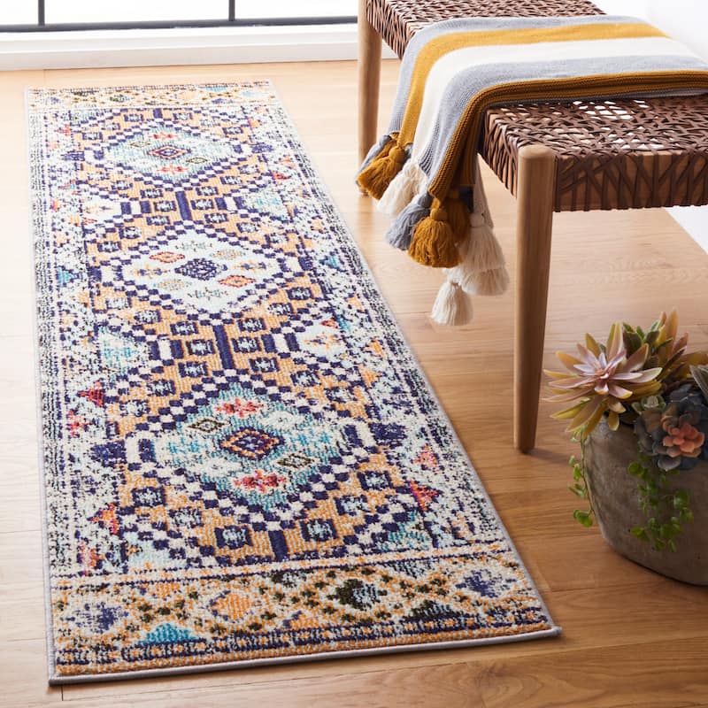 SAFAVIEH, Madison Hortensia Boho Diamond Distressed Rug - 2' x 8' Runner - Orange/Beige
