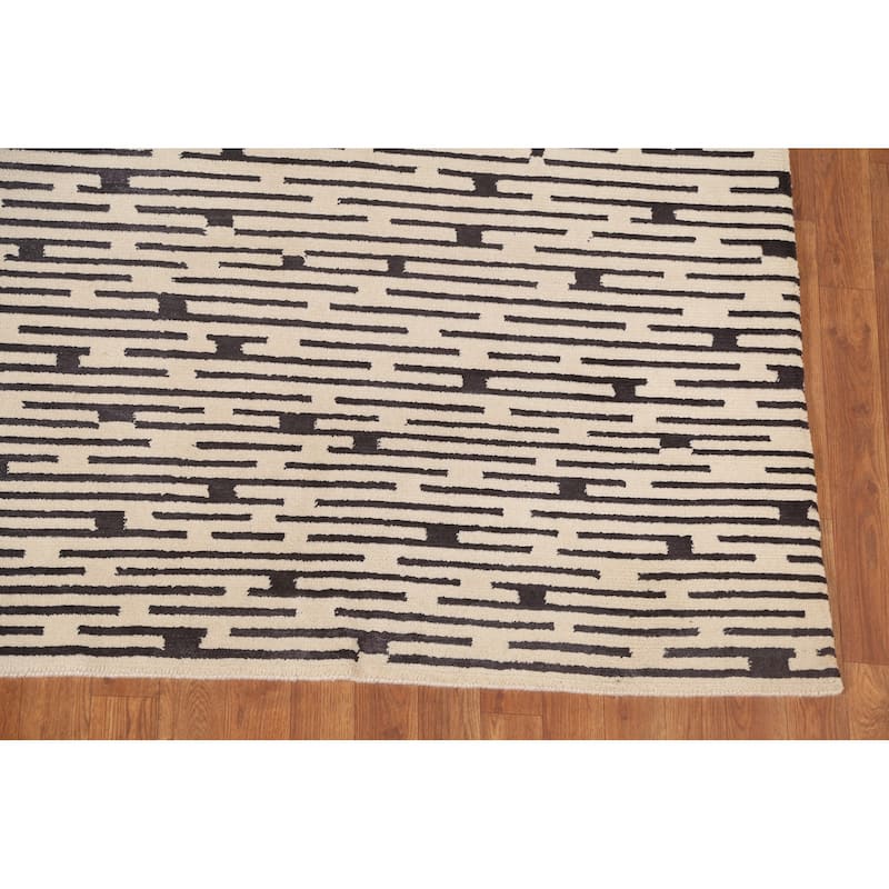 Striped Beige Nepalese Indian Area Rug Hand-Knotted Wool Carpet - 9'0" x 11'8"