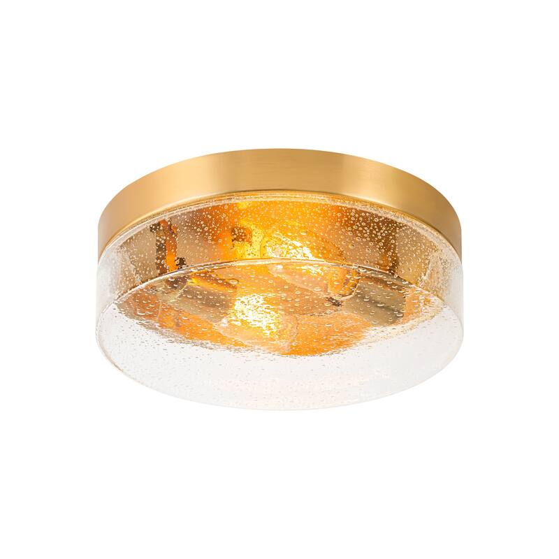 2-Light Gold/Bronze Modern Farmhouse Industrial Dimmable Dome Round Flush Mount Light with Seeded Glass Shade