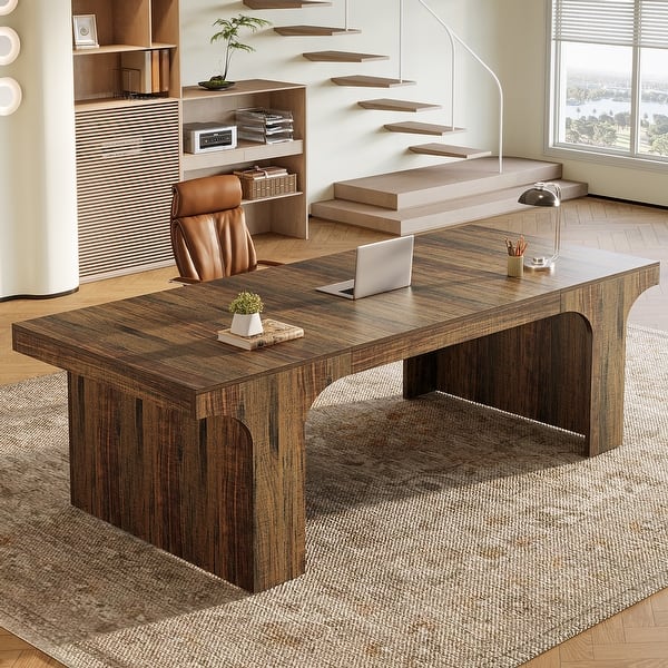 slide 2 of 46, 70.9" Executive Desk, Large Wood Computer Office Desk, Writing Table Business Workspace Home Office Accent Desk Brown