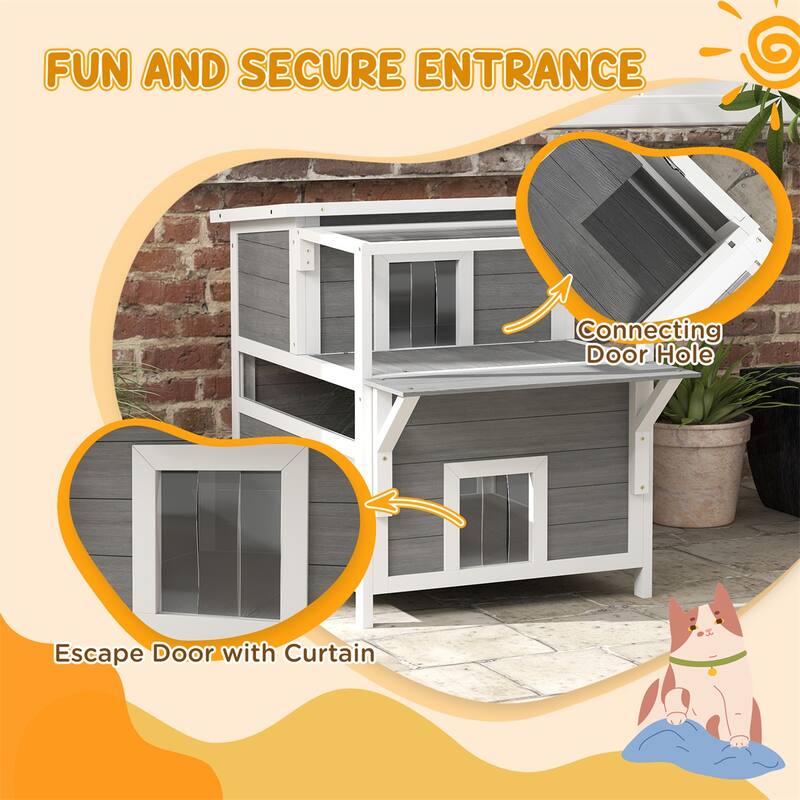 Fir Wood Cat House Indoor Outdoor With Balcony And Observation Window - 25.2" W x 34.3" D x 29.9" H