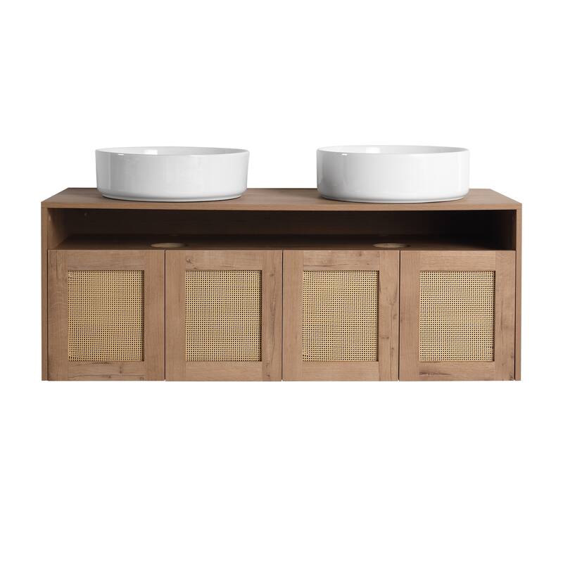 48" Bathroom Vanity with 2 Vessel Ceramic Sink Float Mounting Bathroom Storage Cabinet with 4-Soft Close Door