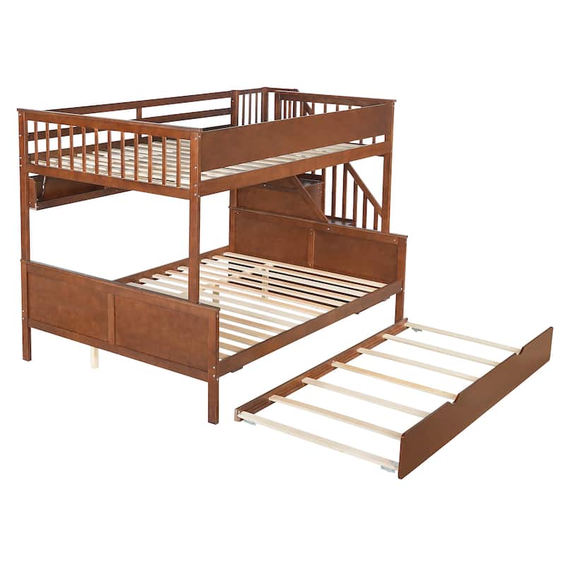 Full XL Over Queen Bunk Bed with Staircase Storage, Underbed Trundle, Open Shelf & LED Light by Harper&Bright Designs