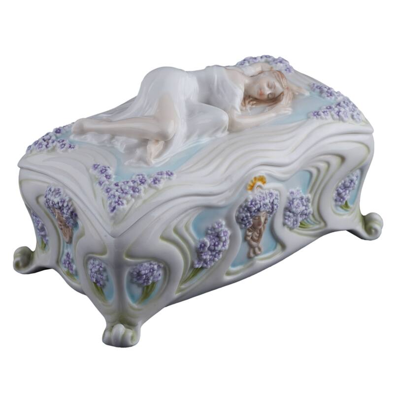 Charis 6.3" width SLEEPING MAIDEN W/ VIOLET TRINKET BOX multicolor Fine Porcelain